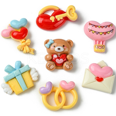 7Pcs 7 Styles Ring/Box/Lock/Envelope/Bear/Balloon/Hot Air Balloon Valentine's Day Theme Opaque Resin Decoden Cabochons RESI-FS0001-69-1