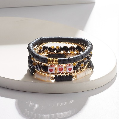 5Pcs 5 Style Polymer Clay Heishi Beaded Stretch Bracelets Set BJEW-JB07532-01-1