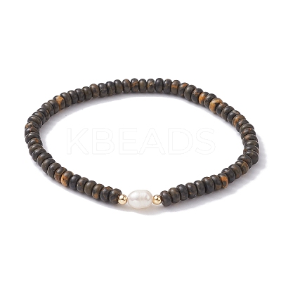 Natural Coffee Jasper Rondelle & Pearl Beaded Stretch Bracelets BJEW-JB09918-02-1