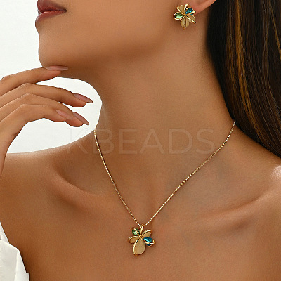 Flower Brass & Cubic Zirconia & Cat Eye Pendant Necklaces & Stud Earrings Sets FS-WG756F6-01-1