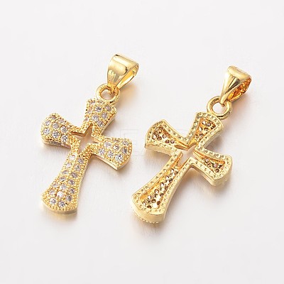 Cross Brass Micro Pave Cubic Zirconia Pendants ZIRC-I014-34G-FF-1