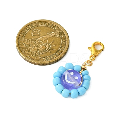 Flat Round with Smiling Face Glass Seed Pendant Decorations HJEW-MZ00092-1