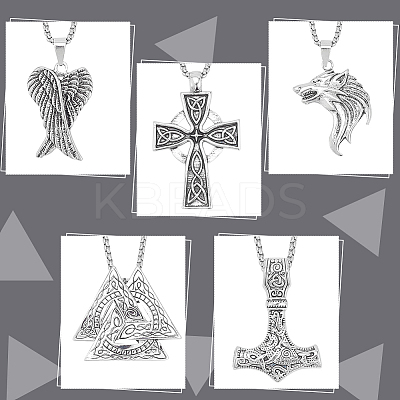 7Pcs 7 Style Arrow & Wolf & Cross & Axe & Wing Pendant Necklaces Set NJEW-AN0001-44-1