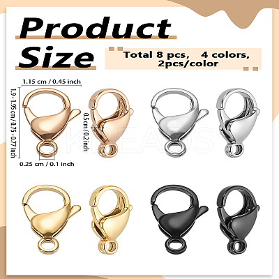 8Pcs 4 Colors Ion Plating(IP) 304 Stainless Steel Lobster Claw Clasps STAS-LP0005-06-1