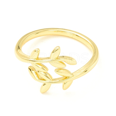 Brass Leaf Wrapped Open Cuff Ring for Women RJEW-P027-03G-1