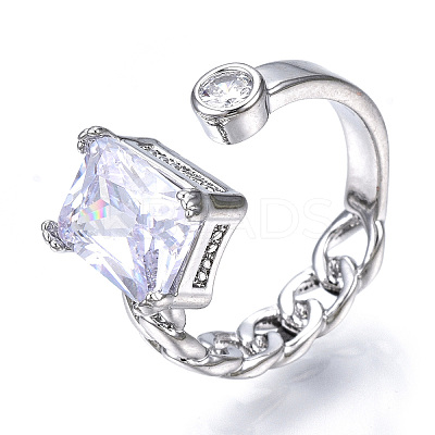 Clear Cubic Zirconia Rectangle Open Cuff Ring RJEW-N039-02P-1