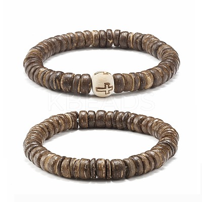 Flat Round Coconut Beads Stretch Bracelets Set BJEW-JB07010-1