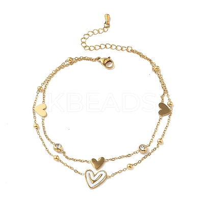304 Stainless Steel Pave Clear Cubic Zirconia Enamel Charm 2-Strand Anklets for Women AJEW-K054-01D-G-1