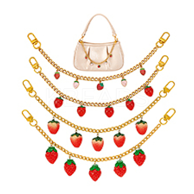4Pcs 4 Styles Alloy Enamel & Resin Fruit Red Strawberry Charm 304 Stainless Steel Bag Decorative Chains HJEW-PH02272-1