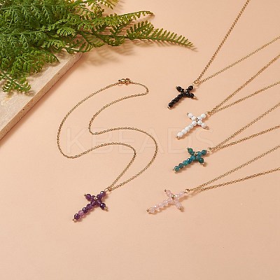 Natural Mixed Gemstone Beaded Cross Pendant Necklace NJEW-JN04236-1