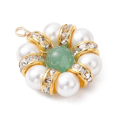 4Pcs 4 Styles Natural Green Aventurine & Tiger Eye & Carnelian & Amethyst & Shell Pearl Round Beaded Flower Pendants PALLOY-TA00300-01-1