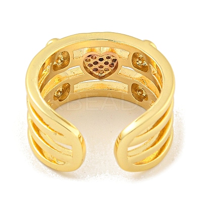 Brass Micro Pave Clear Cubic Zirconia Heart Open Cuff Ring for Women RJEW-M173-09A-G-1