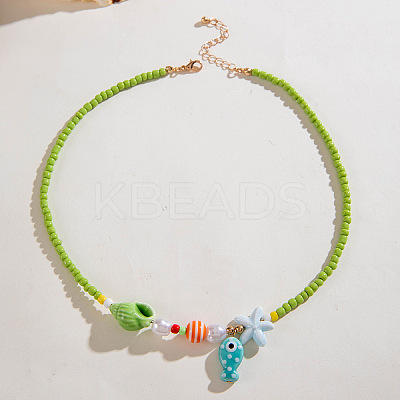 Summer Beach Porcelain Fish Shell Shape & Plastic Pearl Pendant Lime Glass Seed Beaded Necklaces for Women FS-WGBDA16-01-1