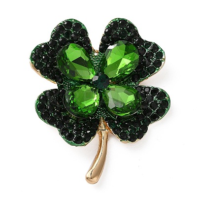 Clover Alloy Rhinestone Lapel Pins for Backpack Clothes JEWB-H032-02G-1