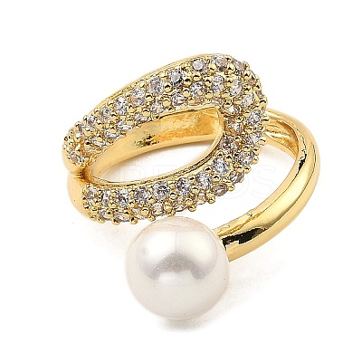 Cubic Zirconia Hollow Teardrop Open Cuff Ring with Plastic Imitation Pearl Beaded RJEW-G294-03G-1
