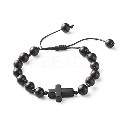 Round Natural Wood Beaded Bracelet for Men Women BJEW-JB06904-1
