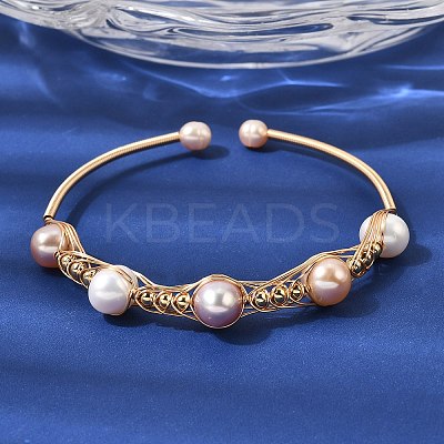 Brass Wire Wrapped Natural Pearl Cuff Bangles for Women BJEW-D453-01G-1