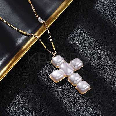Cross 304 Stainless Steel & Plastic Pearl Pendant Necklaces for Women NJEW-U032-12G-1