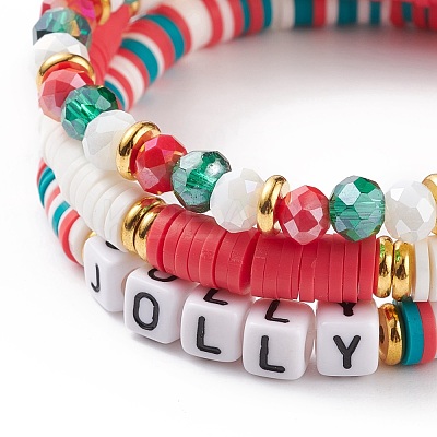 3Pcs 3 Style Polymer Clay Heishi Surfer Stretch Bracelets Set with Word Jolly Acrylic Beads BJEW-TA00129-1