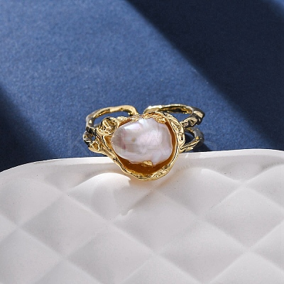 Brass with Natural Pearl Adjustable Cuff Rings RJEW-Q023-02G-1
