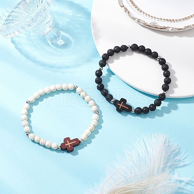 2Pcs Cross Natural Lava Rock & Synthetic Turquoise & Wood Round Beads Stretch Bracelets for Men Women BJEW-JB11832-1