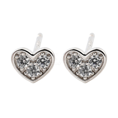 925 Sterling Silver Clear Cubic Zirconia Heart Stud Earrings EJEW-Q030-02P-1