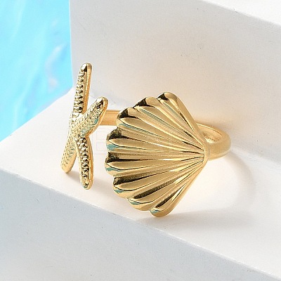 304 Stainless Steel Starfish & Shell Open Cuff Rings for Women LS-RJEW-C095-09G-1
