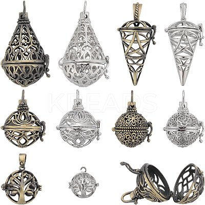 10Pcs 10 Styles Brass Cage Pendants KK-SC0004-27-1