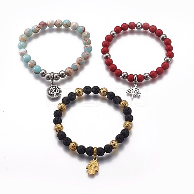 Natural & Synthetic Mixed Stone Round Beaded Stretch Charm Bracelets BJEW-L648-08-1