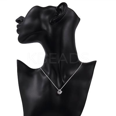 Silver Color Plated Brass Cubic Zirconia Cube Pendant Necklace NJEW-BB00455-1