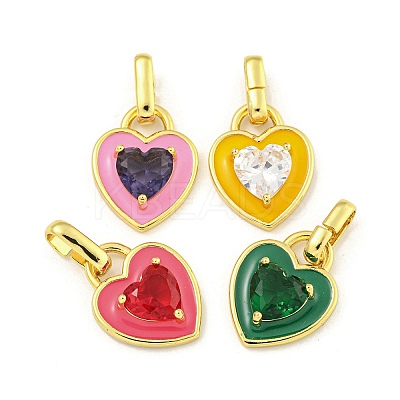Rack Plating Heart Brass & Cubic Zirconia & Enamel Pendants KK-Z053-28G-1