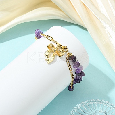 Natural Mixed Stone Chip Beads 304 Stainless Steel Paperclip Chain Bracelets with Alloy Bowknot Charms BJEW-JB14187-1