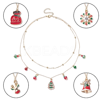 Alloy Satellite Chains Double Layer Necklace with Alloy Christmas Tree & Deer & Snowflake Charms NJEW-JN04327-1
