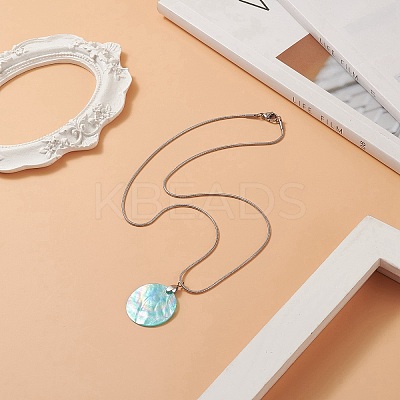 Natural Shell Flat Round Pendant Necklace with Round Snake Chains NJEW-JN04219-1