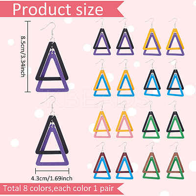 8 Pairs 8 Colors Wood Double Triangle Dangle Earrings with Iron Pins EJEW-AN0004-46-1