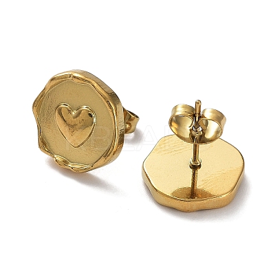Ion Plating(IP) 304 Stainless Steel Flat Round with Heart Ear Studs for Women EJEW-P234-16G-1