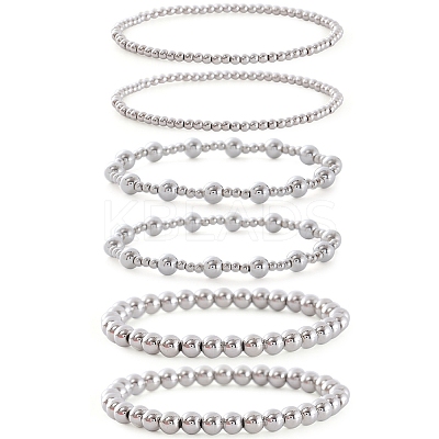 6Pcs 6 Styles Brass Round Beads Stretch Bracelets for Women BJEW-D357-04G-1