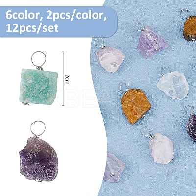 12Pcs 6 Styles Raw Rough Natural Green Aventurine & Amethyst & Tiger Eye & Quartz Crystal & Rose Quartz Pendants PALLOY-FH00085-1