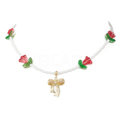 Alloy Bowknot Pendant Tulip Flower Glass Seed Beaded Necklaces for Women NJEW-MZ00148-01-1