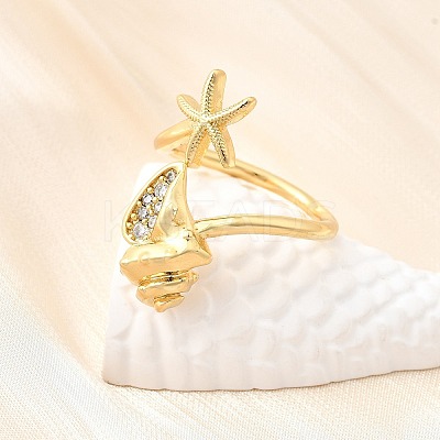 Ocean Theme Brass Micro Pave Cubic Zirconia Cuff Rings for Women RJEW-F184-17E-G-1