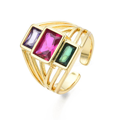 Colorful Cubic Zirconia Triple Rectangle Open Cuff Ring X-RJEW-N037-013-02LG-1