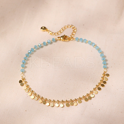 Bohemian Natural Dyed Stone Imitation Aquamarine Faceted Round & Brass Disc Tassel Anklets LS-AJEW-Z046-07G-1