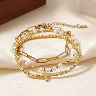 3Pcs Cross 304 Stainless Steel & Imitation Pearl Beaded Stretch Bracelet Sets PU8639-1-1