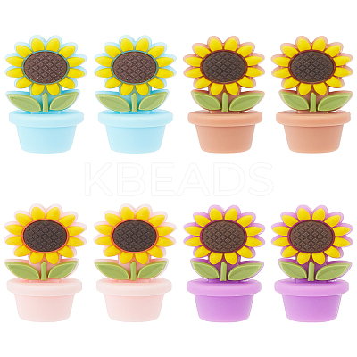 8Pcs 4 Colors Sunflower Flowerpot Food Grade Eco-Friendly Silicone Beads SIL-LP0001-04-1