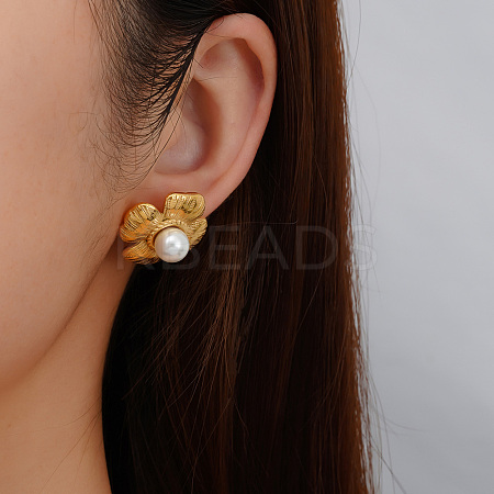 Classic 304 Stainless Steel Imitation Pearl Flower Stud Earrings GL7726-1
