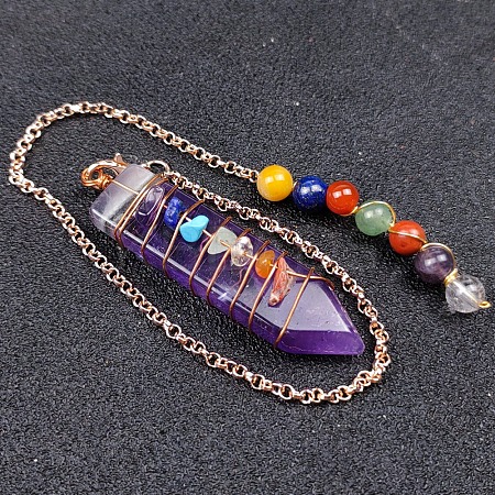 Natural Amethyst & Mixed Stone Braided Bullet Dowsing Pendulum Pendant Decorations LS-CHAK-PW0001-043E-1