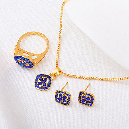 Rhombus Alloy Rhinestone Pendant Necklaces & Stud Earrings & Rings Sets FS-WGFED7A-04-1