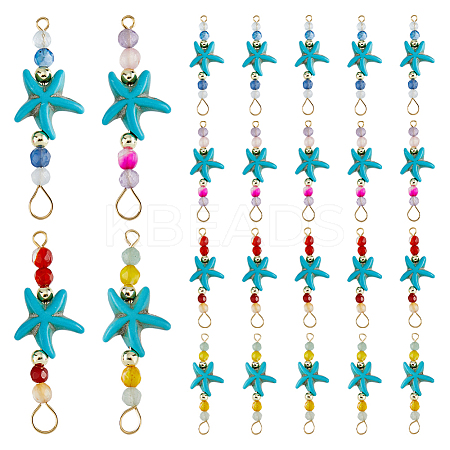 24Pcs 4 Colors Summer Beach Dyed Synthetic Turquoise Starfish & Natural Mixed Stone Faceted Round Beaded Connector Charms PALLOY-FH00160-1