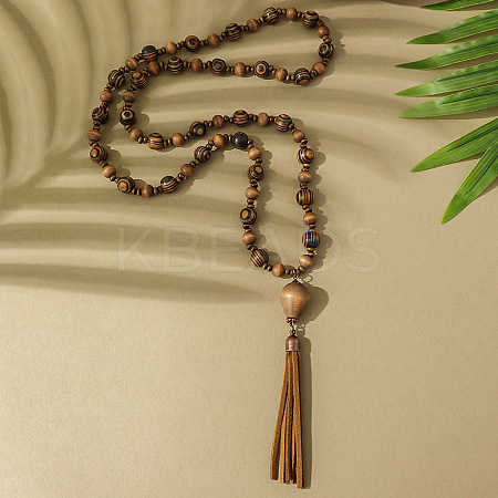 Bohemian Style Alloy with Wood Round Beaded Teardrop Tassel Mala Necklaces FS-WGF1DE6-01-1