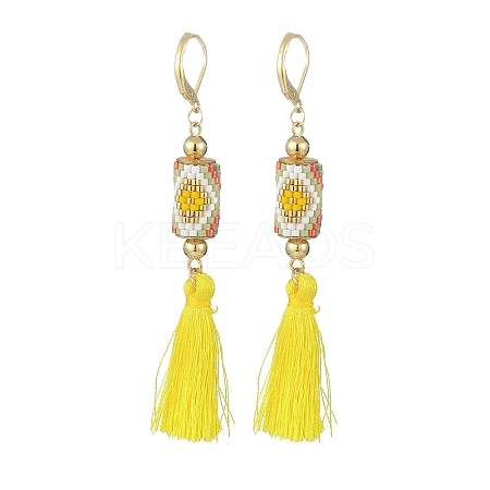 Glass Seed Braided Column with Tassel Dangle Leverback Earrings EJEW-MZ00056-1